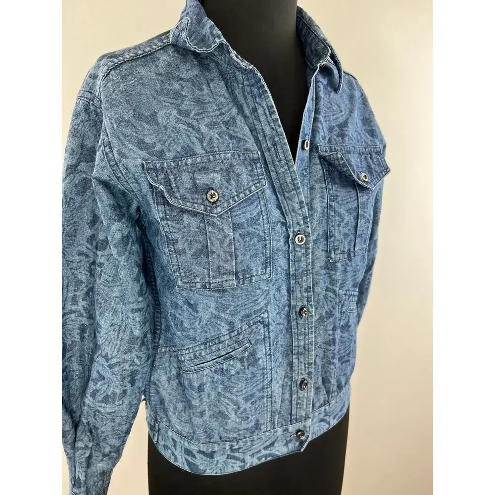 Isabel Marant Etoile Blue Cotton Linen Blend Brocade Denim Jacket Size 36